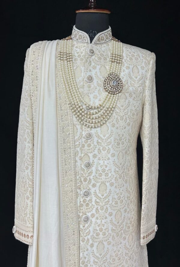 Royal Ivory Embroidered Sherwani with Dupatta & Pearl Mala - Image 2
