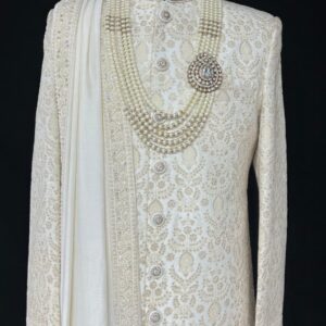 Royal Ivory Embroidered Sherwani with Dupatta & Pearl Mala