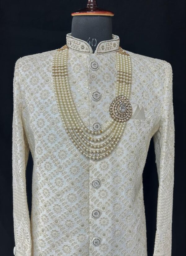 Ivory Embroidered Sherwani with Multi-Layer Pearl Mala - Image 2