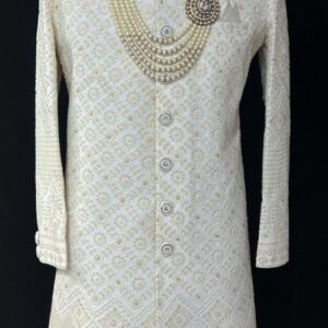 Ivory Embroidered Sherwani with Multi-Layer Pearl Mala