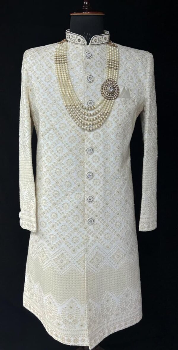 Ivory Embroidered Sherwani with Multi-Layer Pearl Mala
