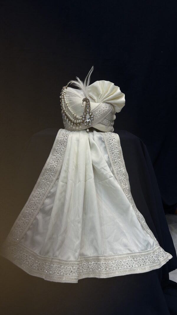 Classic White Safa & Stall Set with Embroidered Borders for Grooms