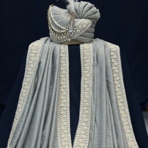 Elegant Grey Safa & Stall Set with Embellished Detailing for Grooms