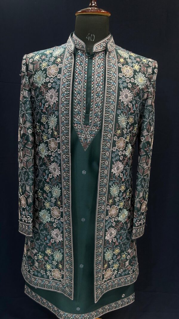 Green Embroidered Men's Indowestern