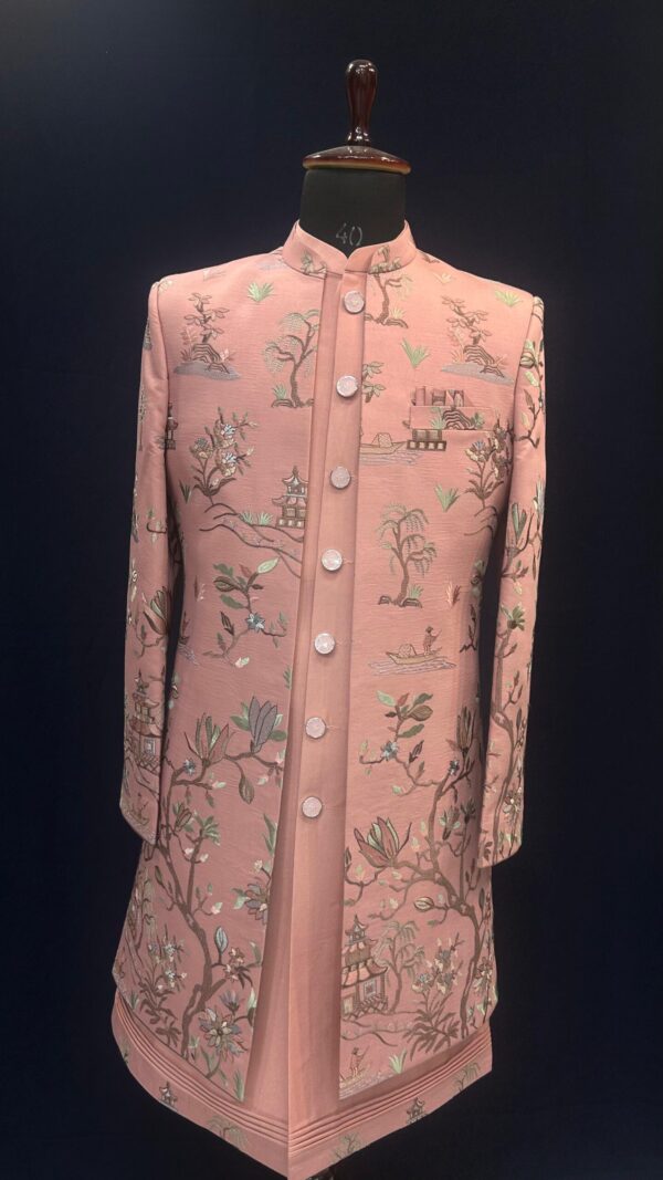 Peach Embroidered Men's Indowestern