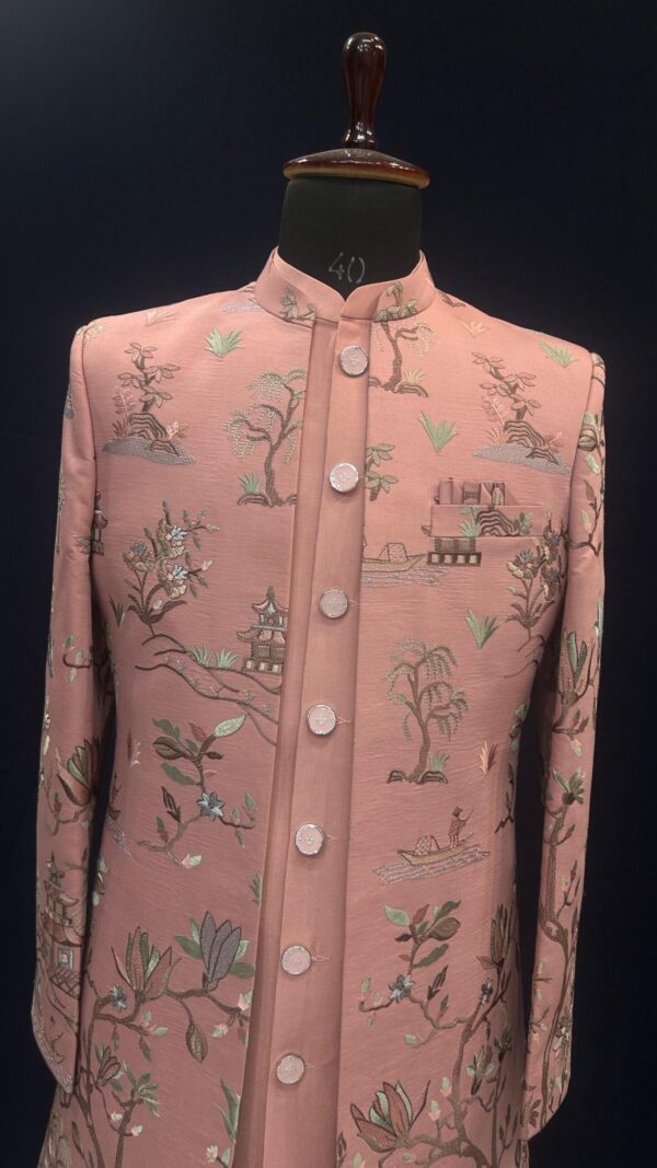Peach Embroidered Men's Indowestern - Image 2
