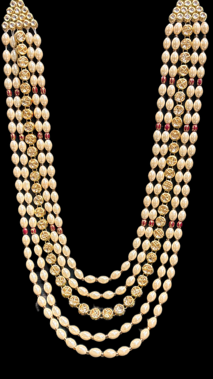 Royal pearl kundan groom mala with multi-layer design for sherwani