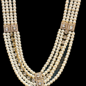 Multi-layer pearl necklace with crystal connectors and teardrop pendant