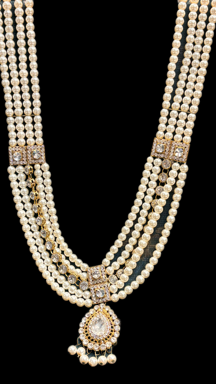 Multi-layer pearl necklace with crystal connectors and teardrop pendant