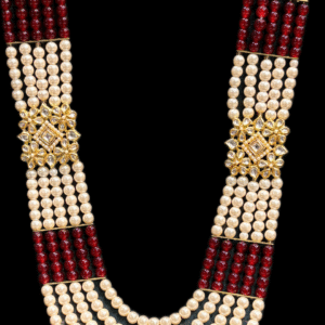Multi-layer pearl and red beaded necklace with gold kundan centerpiece