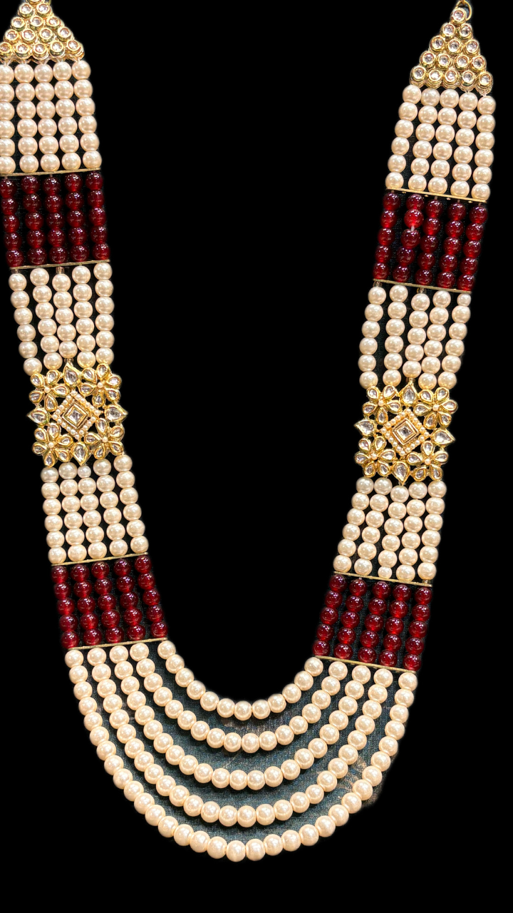 Multi-layer pearl and red beaded necklace with gold kundan centerpiece