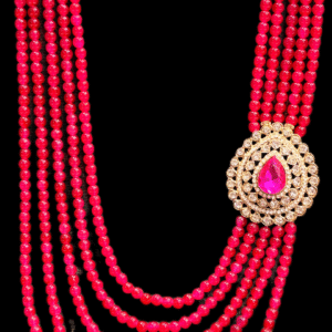 Red multi-layer beaded necklace with gold pendant and teardrop centerpiece