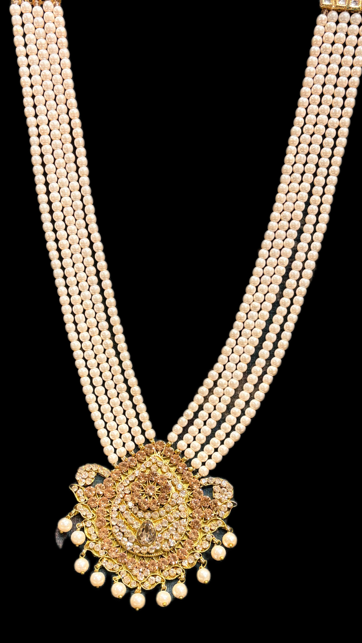 Royal pearl groom mala with crystal pendant for wedding sherwani